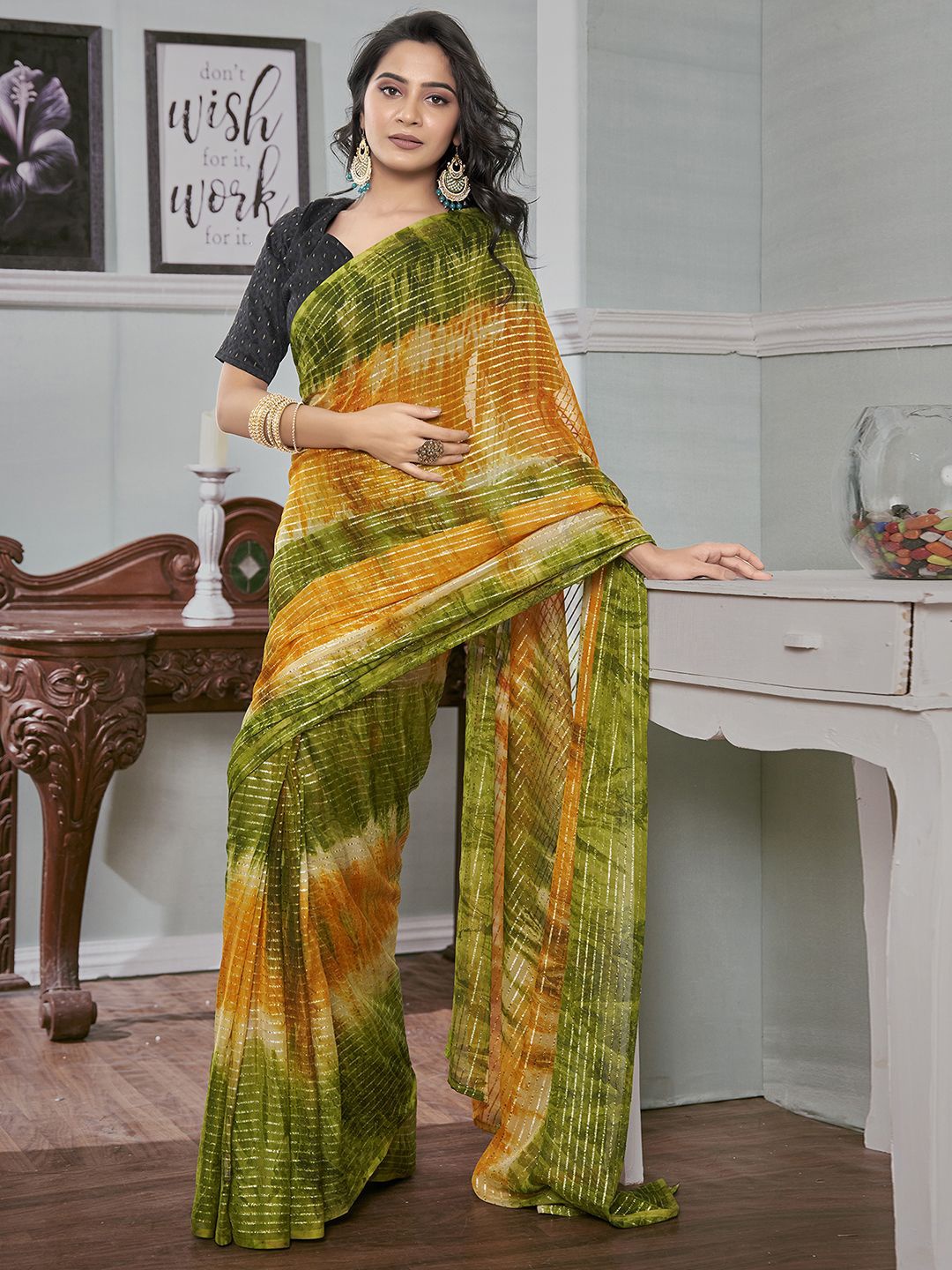 

Satrani Striped Pure Georgette Ready to Wear Saree, Yellow