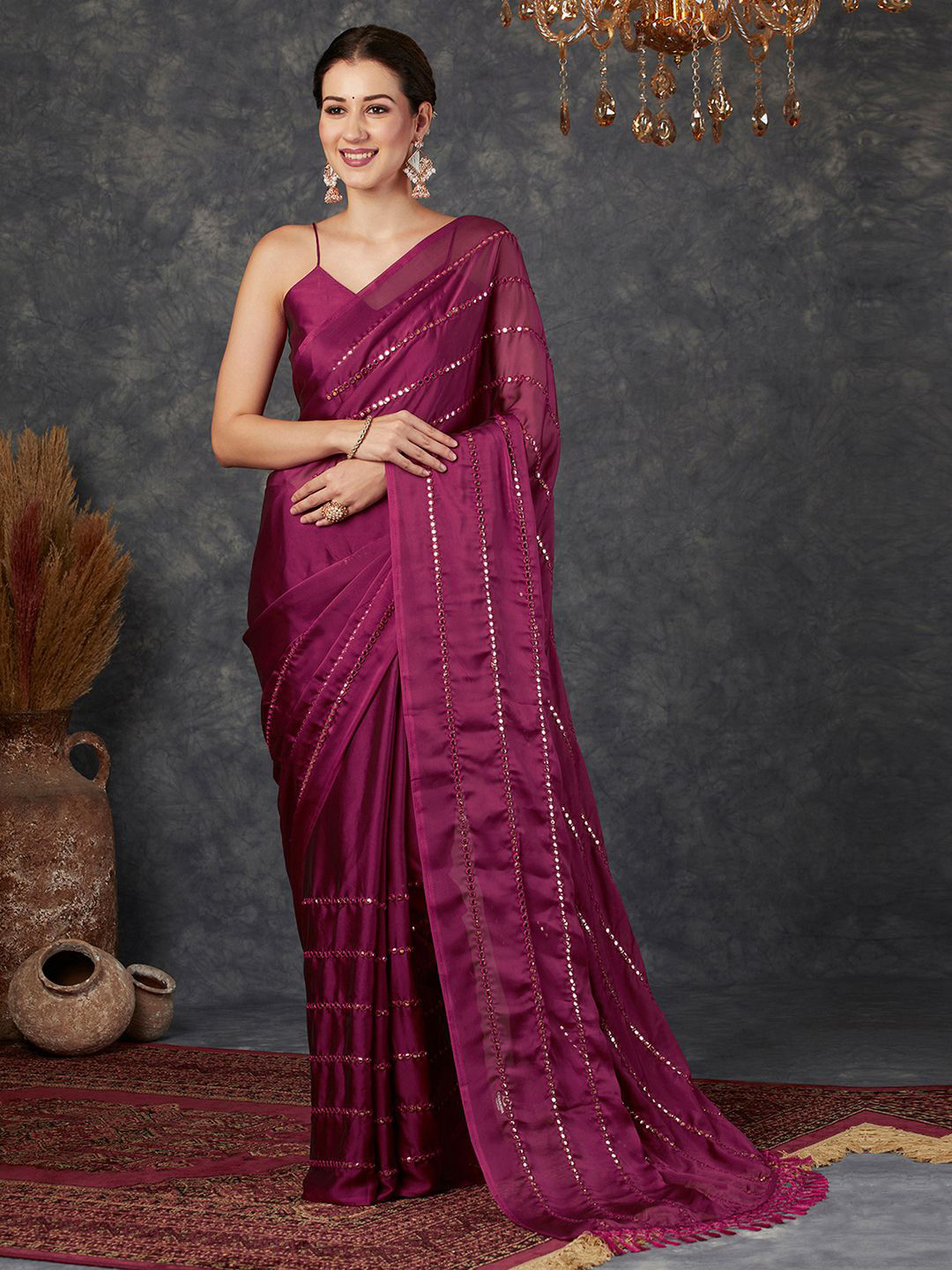 

Satrani Embellished Mirror Work Pure Georgette Saree, Magenta