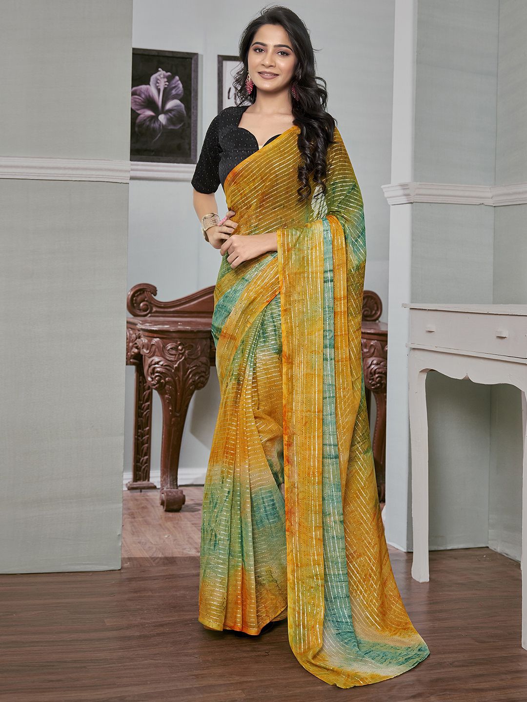 

Satrani Striped Pure Georgette Ready to Wear Saree, Yellow