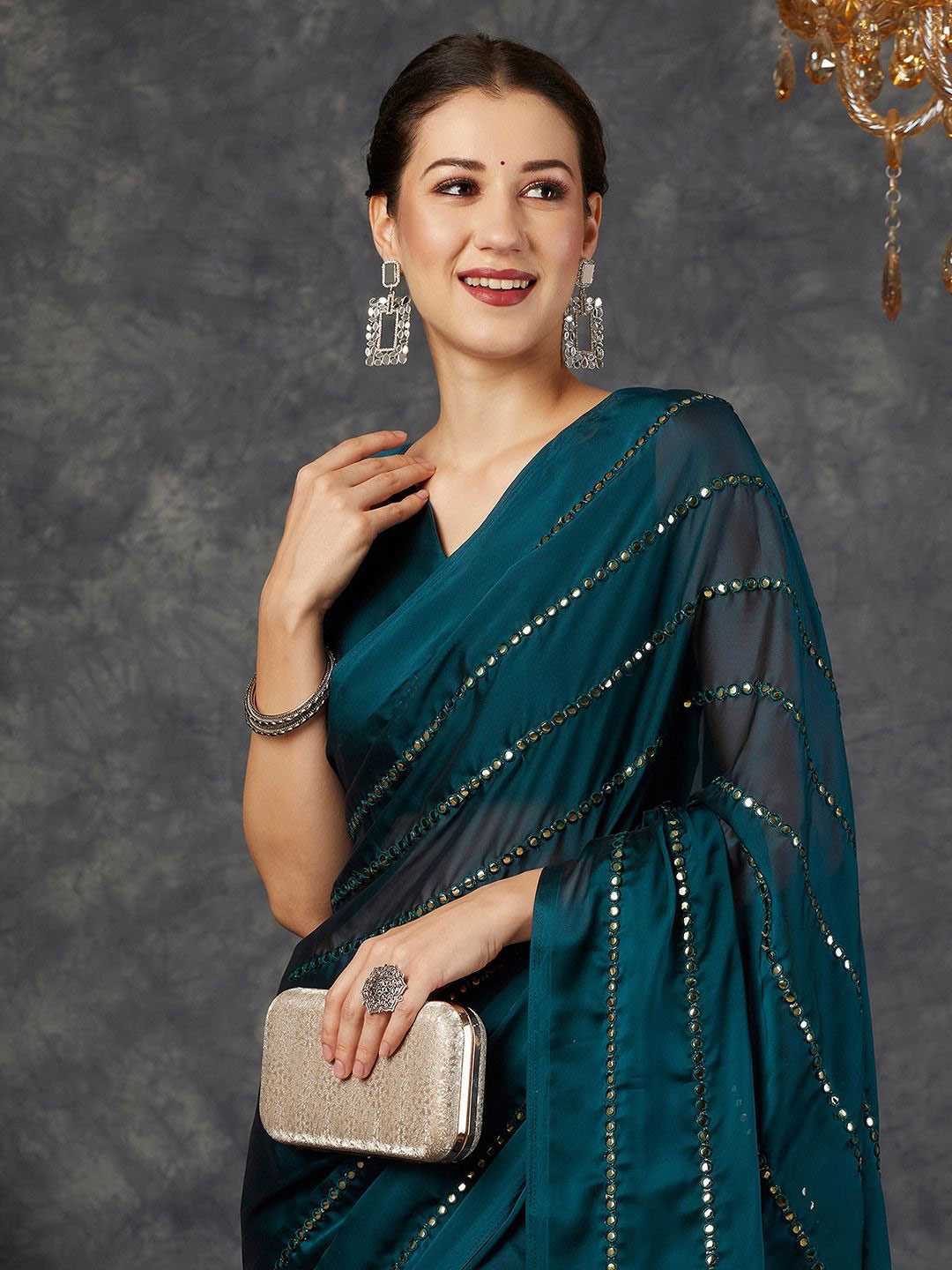 

Satrani Embellished Mirror Work Pure Georgette Saree, Blue