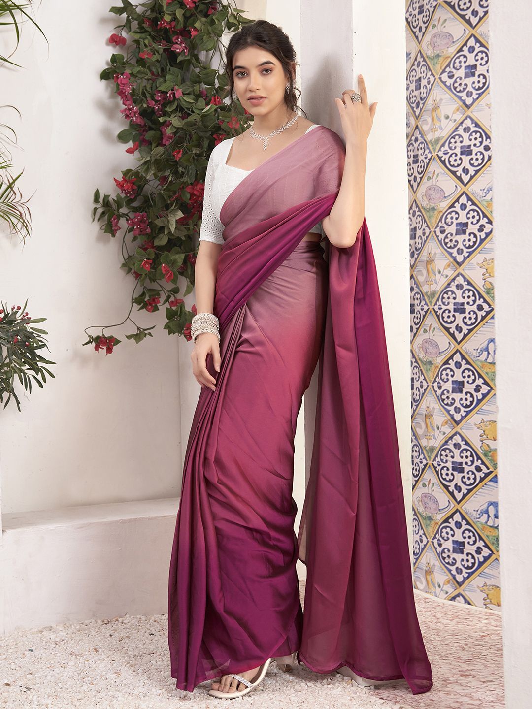 

Satrani Ombre Pure Georgette Ready to Wear Saree, Purple