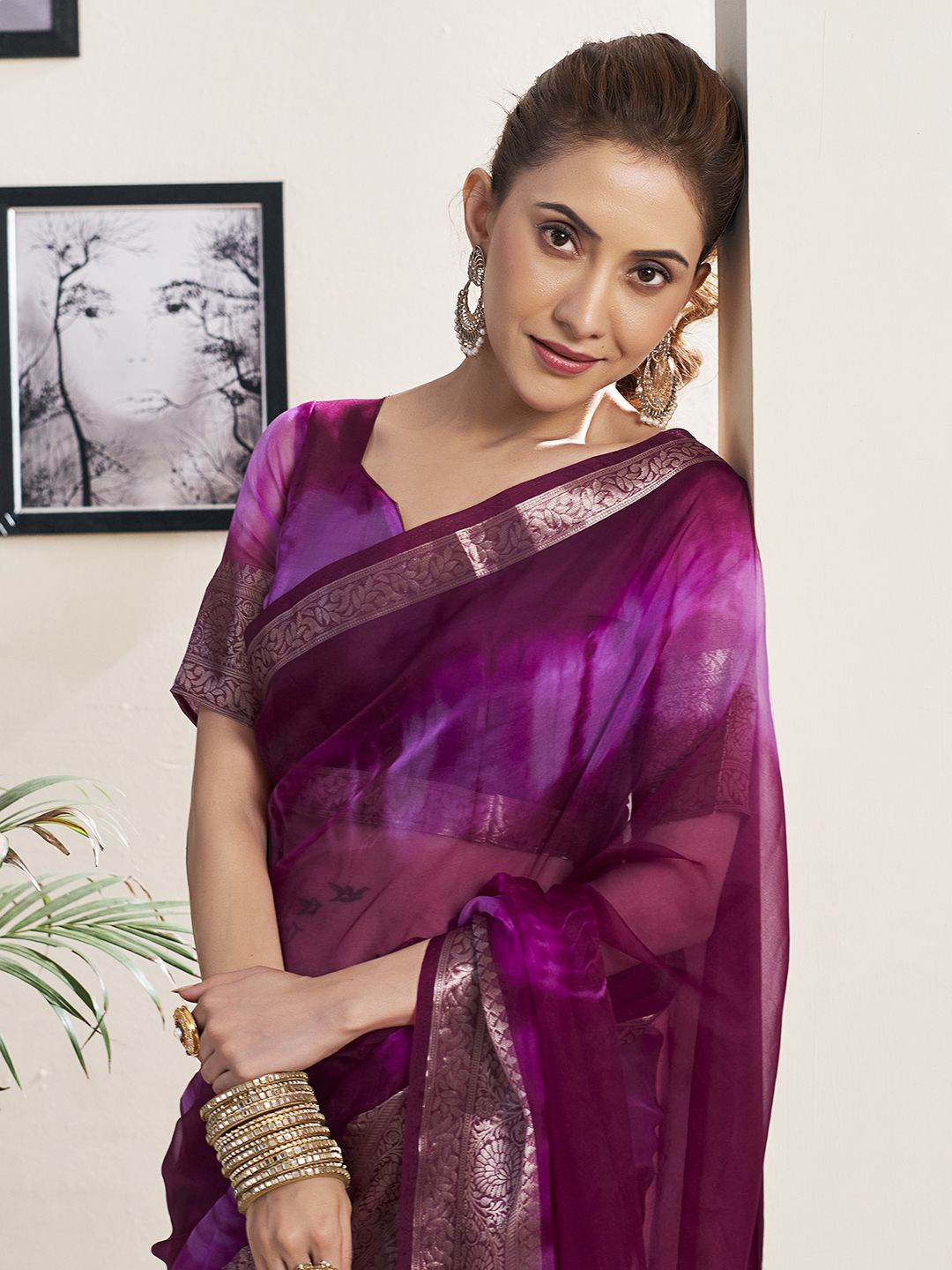 

Satrani Tie and Dye Zari Organza Saree, Purple