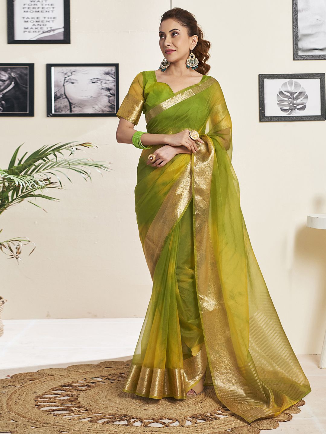 

Satrani Tie and Dye Zari Organza Saree, Green