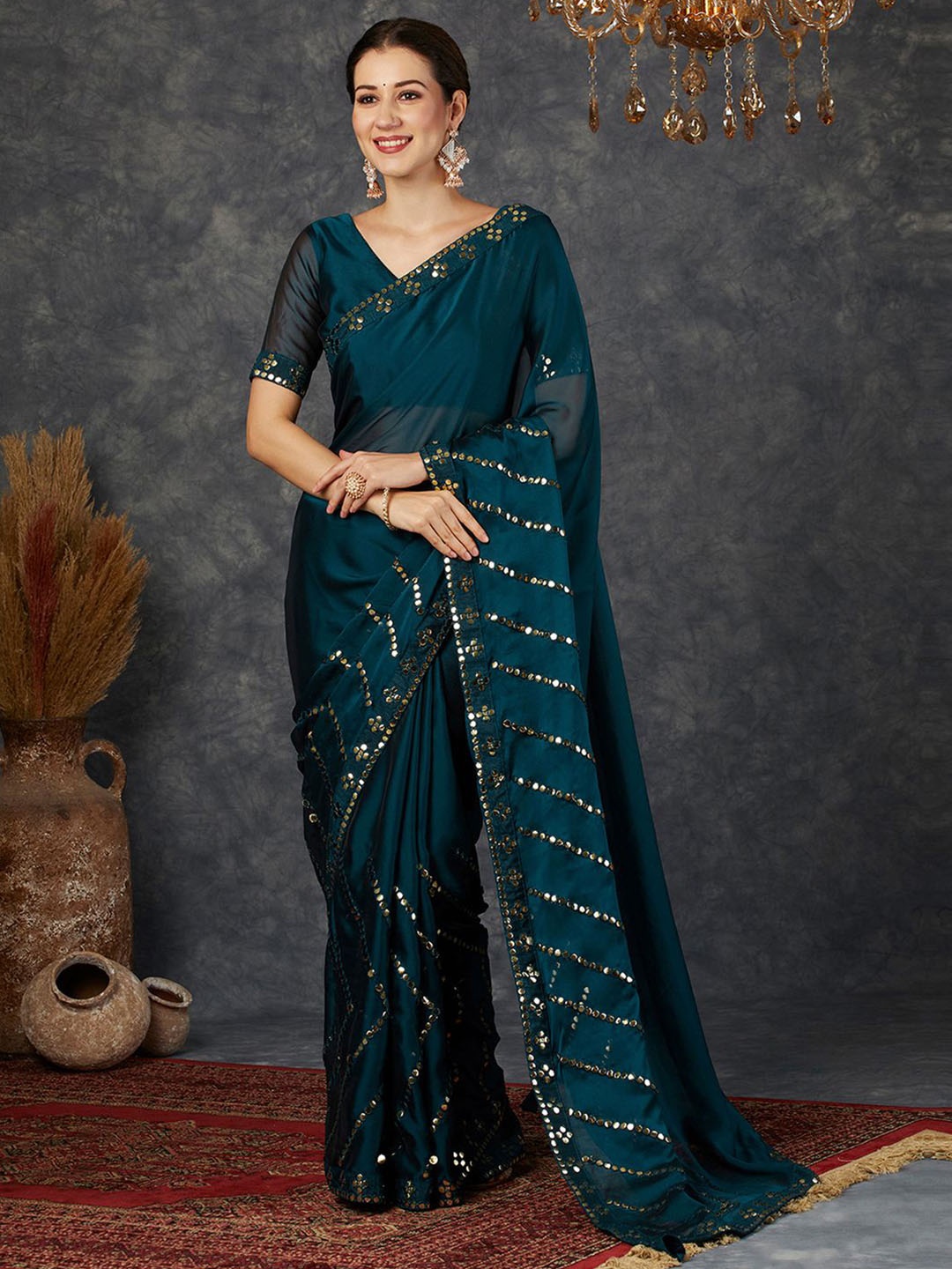 

Satrani Embellished Mirror Work Pure Georgette Saree, Blue