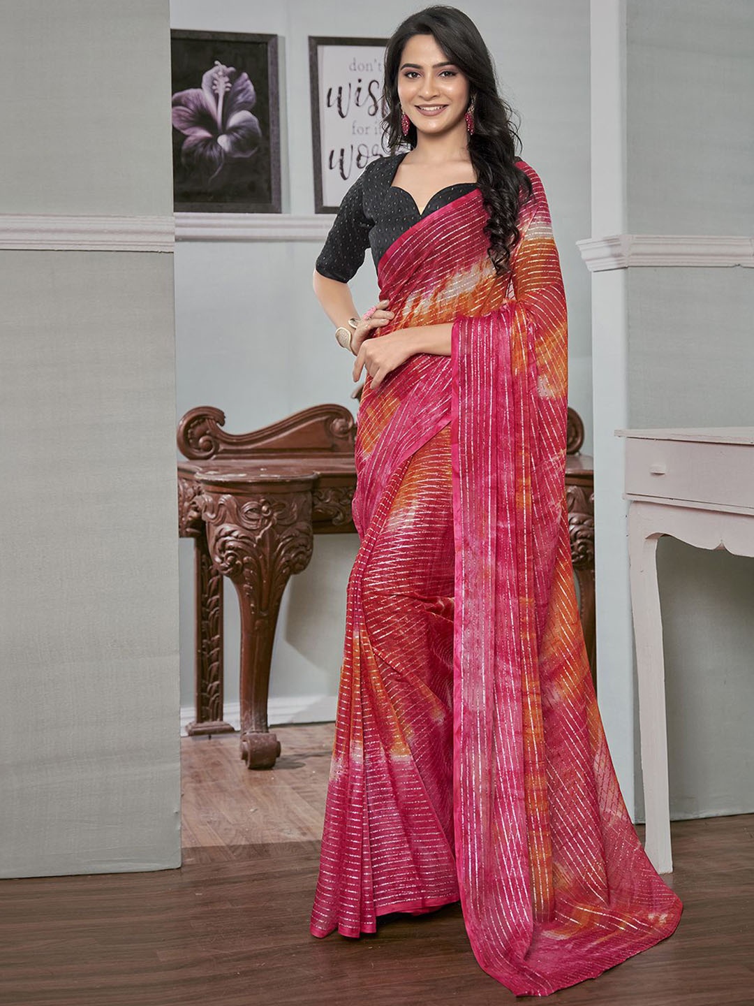 

Satrani Tie and Dye Zari Pure Georgette Ready to Wear Saree, Magenta