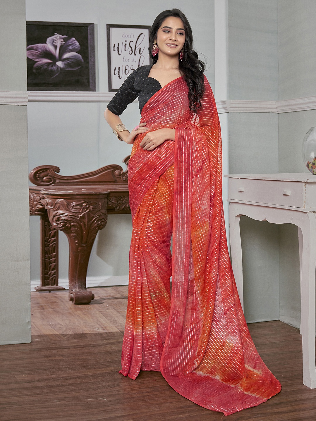 

Satrani Ombre Pure Georgette Ready to Wear Saree, Pink