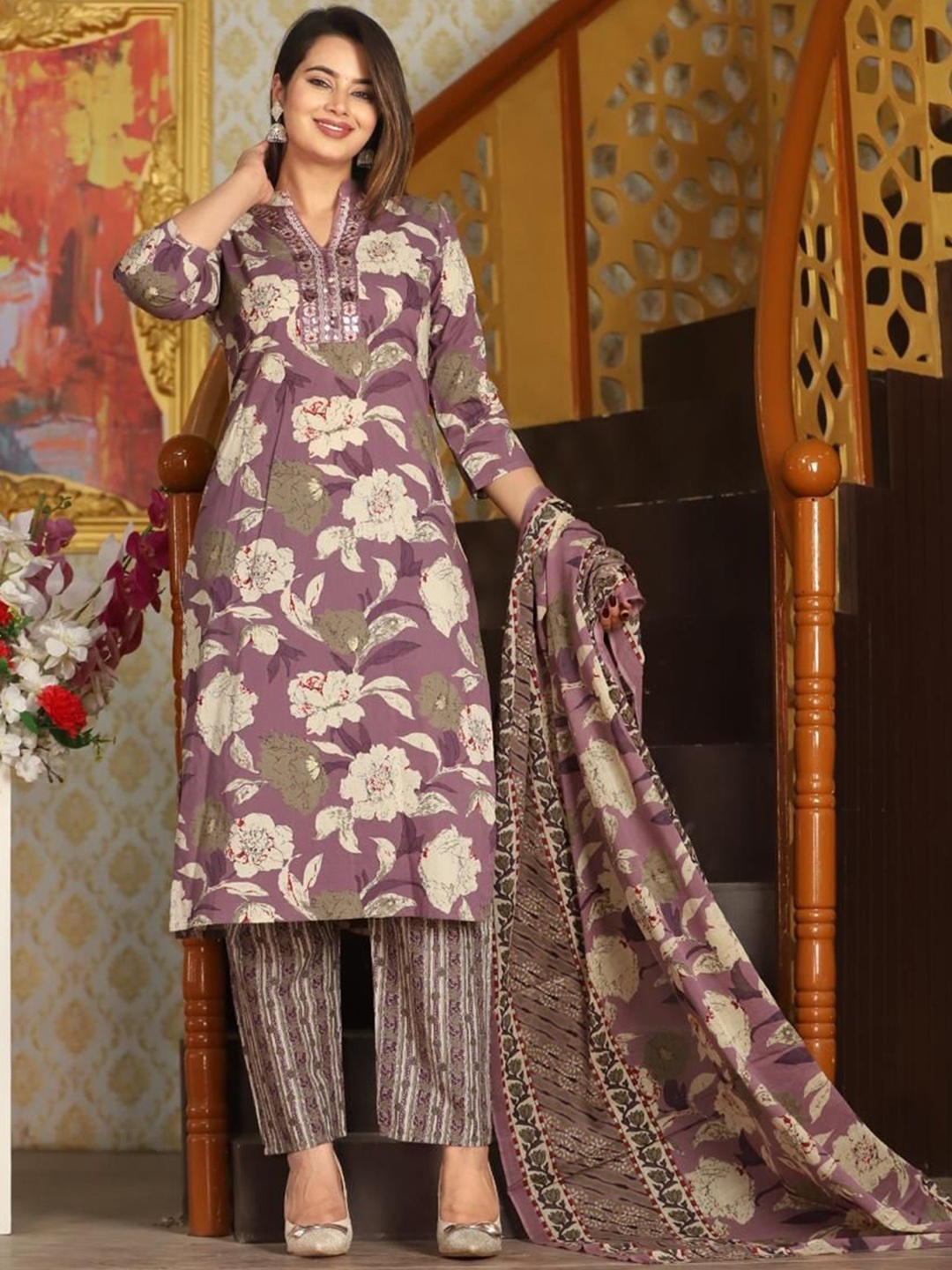

KALINI Floral Printed Regular Mirror Work Straight Kurta With Trousers & Dupatta, Purple