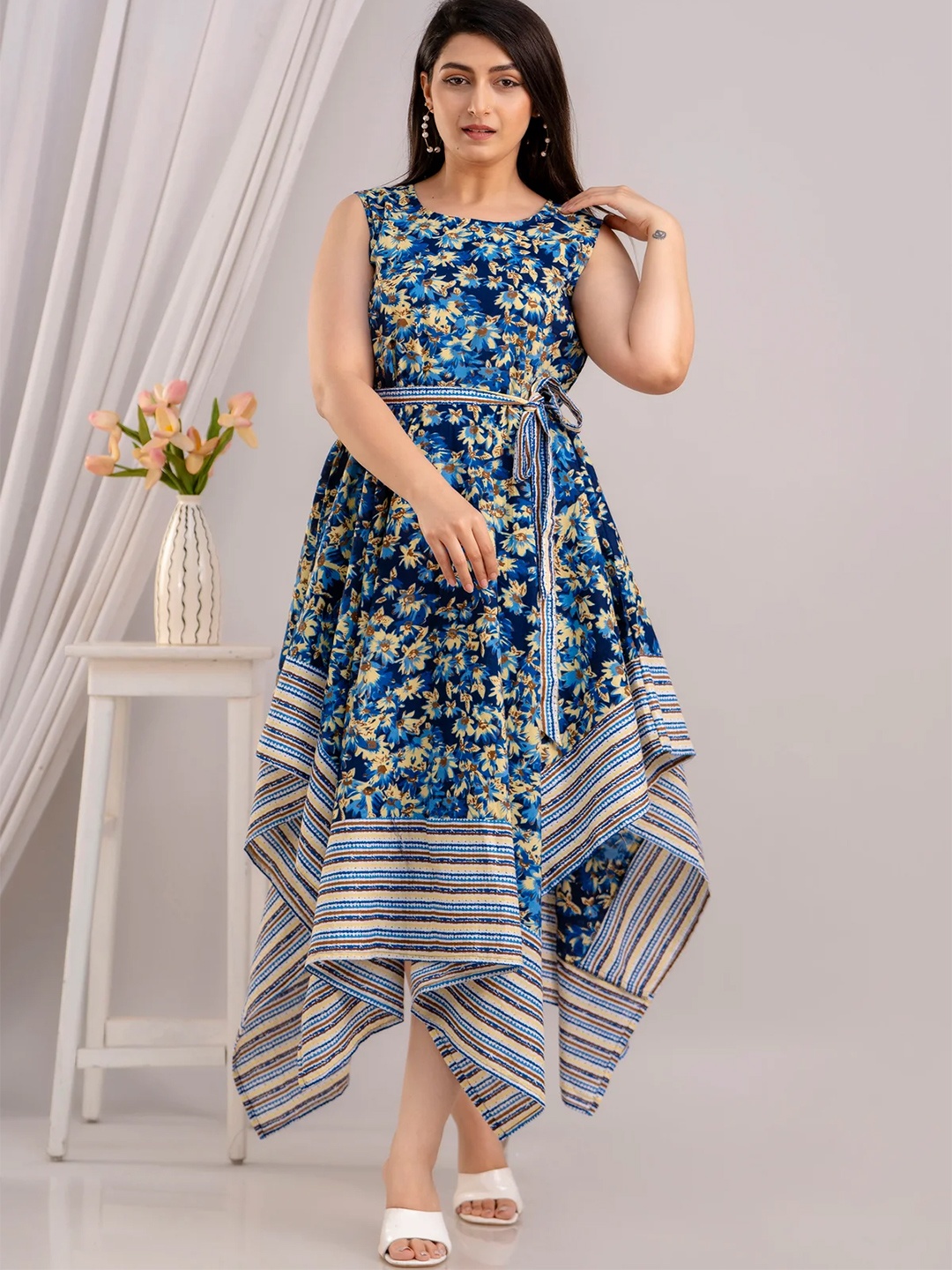 

FrionKandy Floral Print Boat Neck Fit and Flare Maxi Dress, Blue