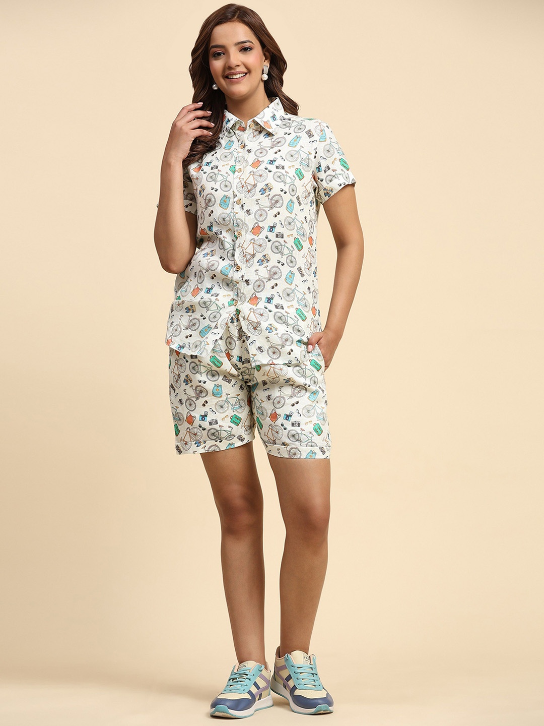 

BAESD Printed Linen Shirt With Shorts, White