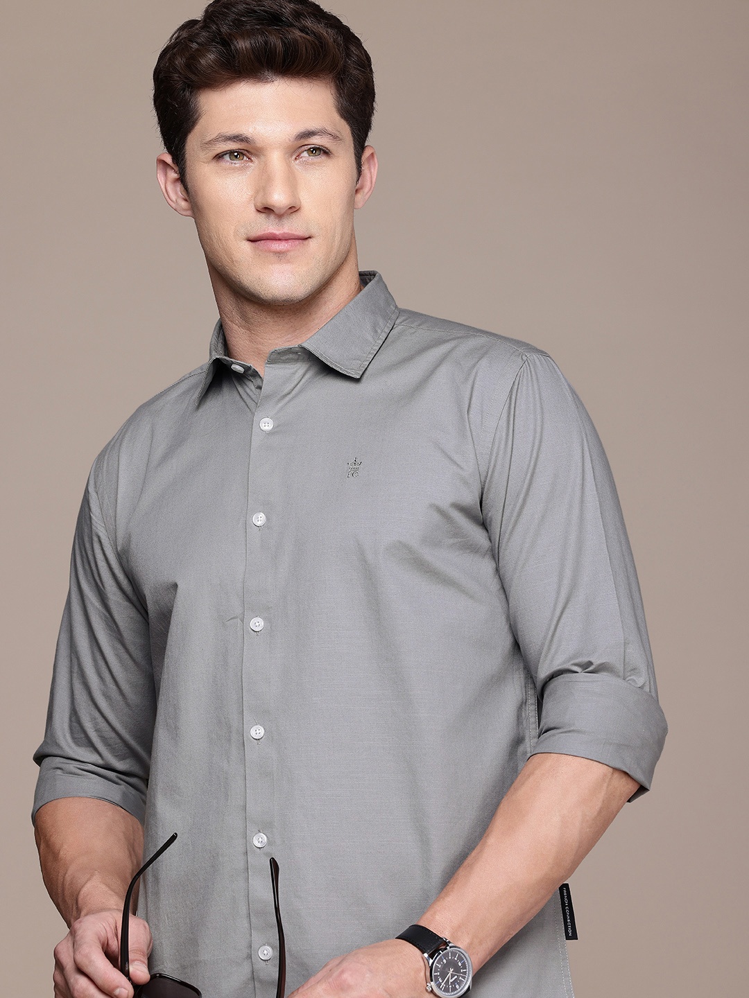 

French Connection Men Premium Slim Fit Pure Cotton Slub Casual Shirt, Grey