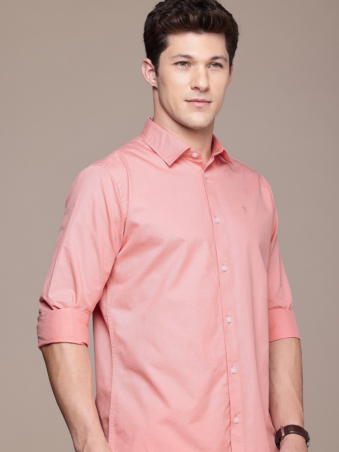 

French Connection Men Premium Slim Fit Pure Cotton Slub Casual Shirt, Peach