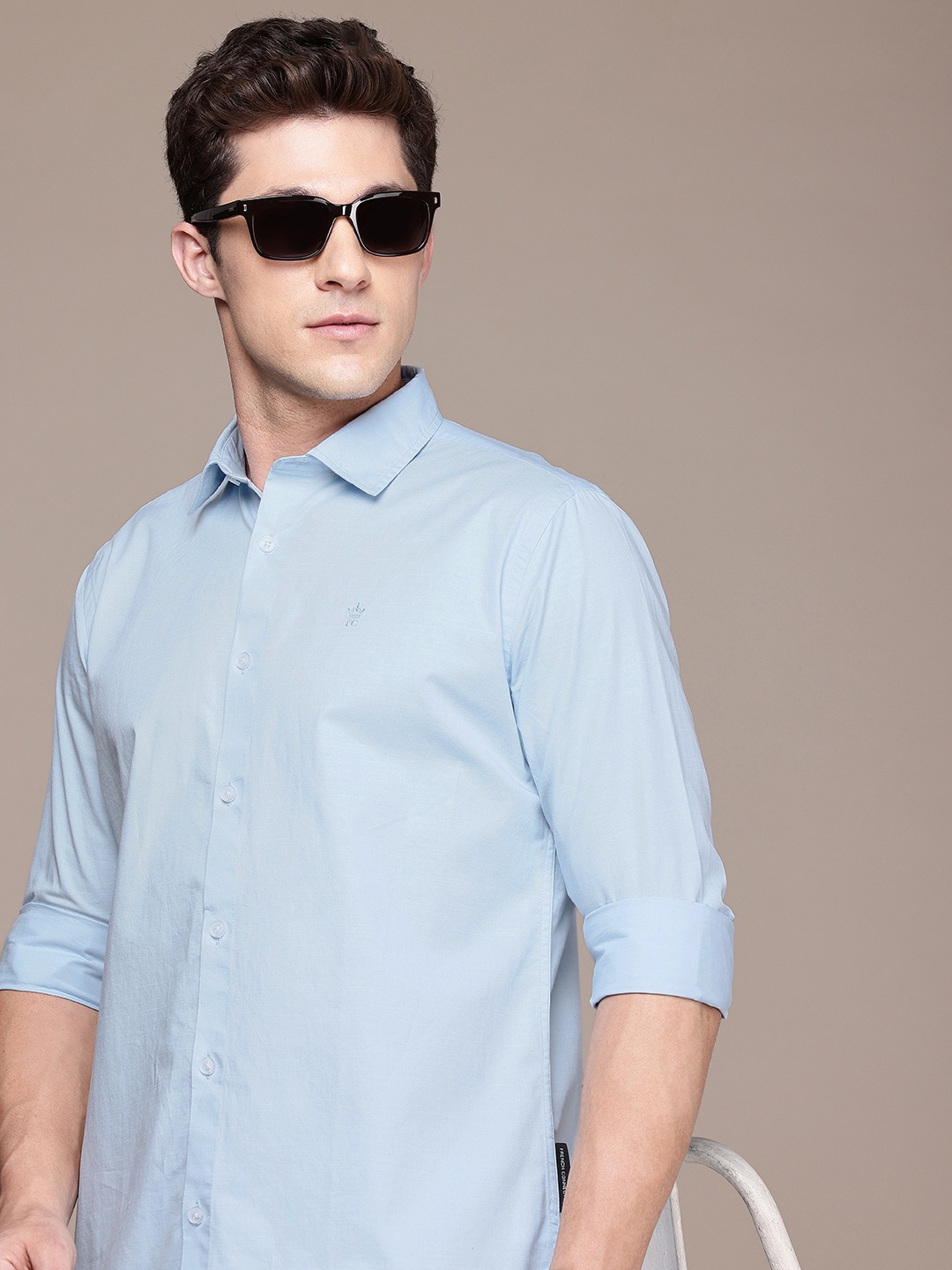 

French Connection Men Premium Slim Fit Pure Cotton Slub Casual Shirt, Blue
