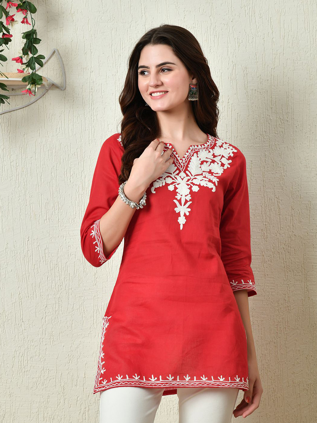 

KALINI Floral Embroidered Thread Work Pure Cotton Thread Work Kurti, Red