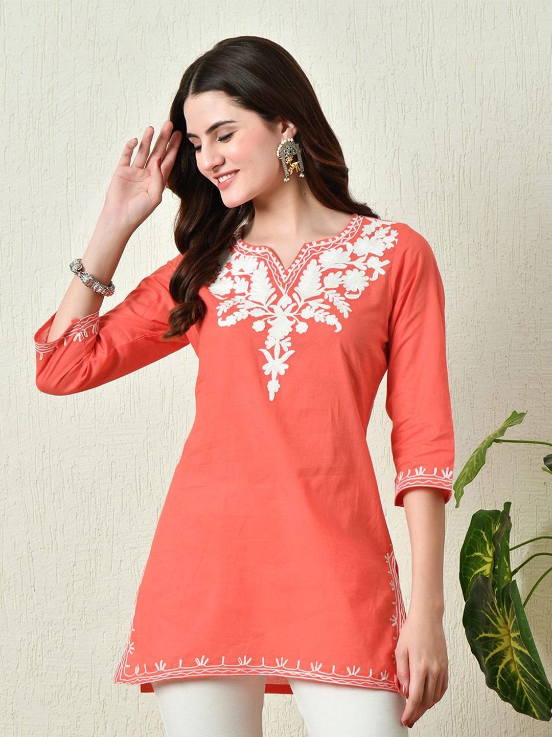 

KALINI Embroidered Pure Cotton Short Kurti, Peach