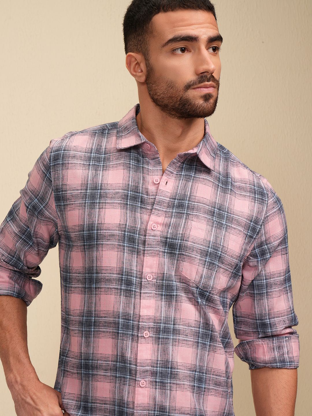 

LOCOMOTIVE Premium Men Tartan Checked Regular Fit Casual Shirt, Pink