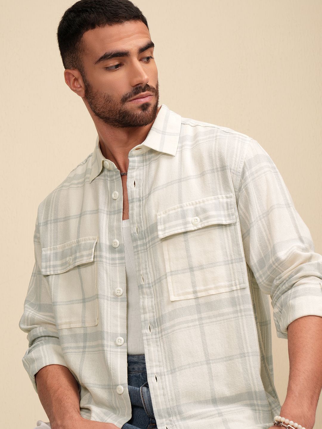 

LOCOMOTIVE Premium Men Dobby Textured Checked Utility Pocket Oversized Overshirt, Cream