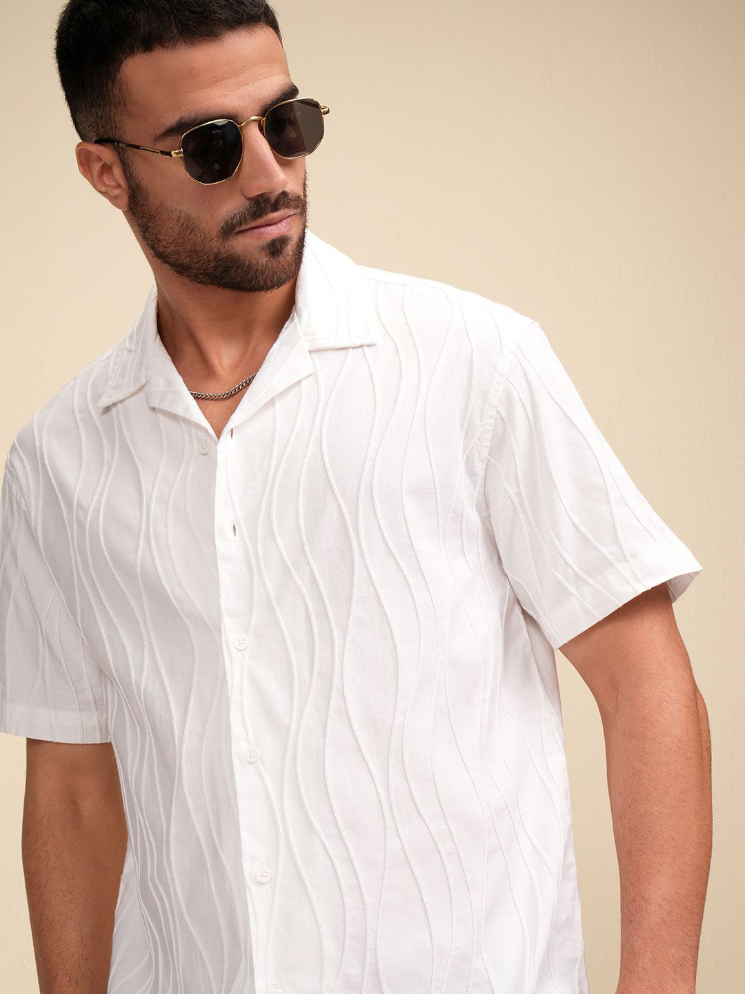 

LOCOMOTIVE Luxe Men Jacquard Cuban Collar Relaxed Shirt, White