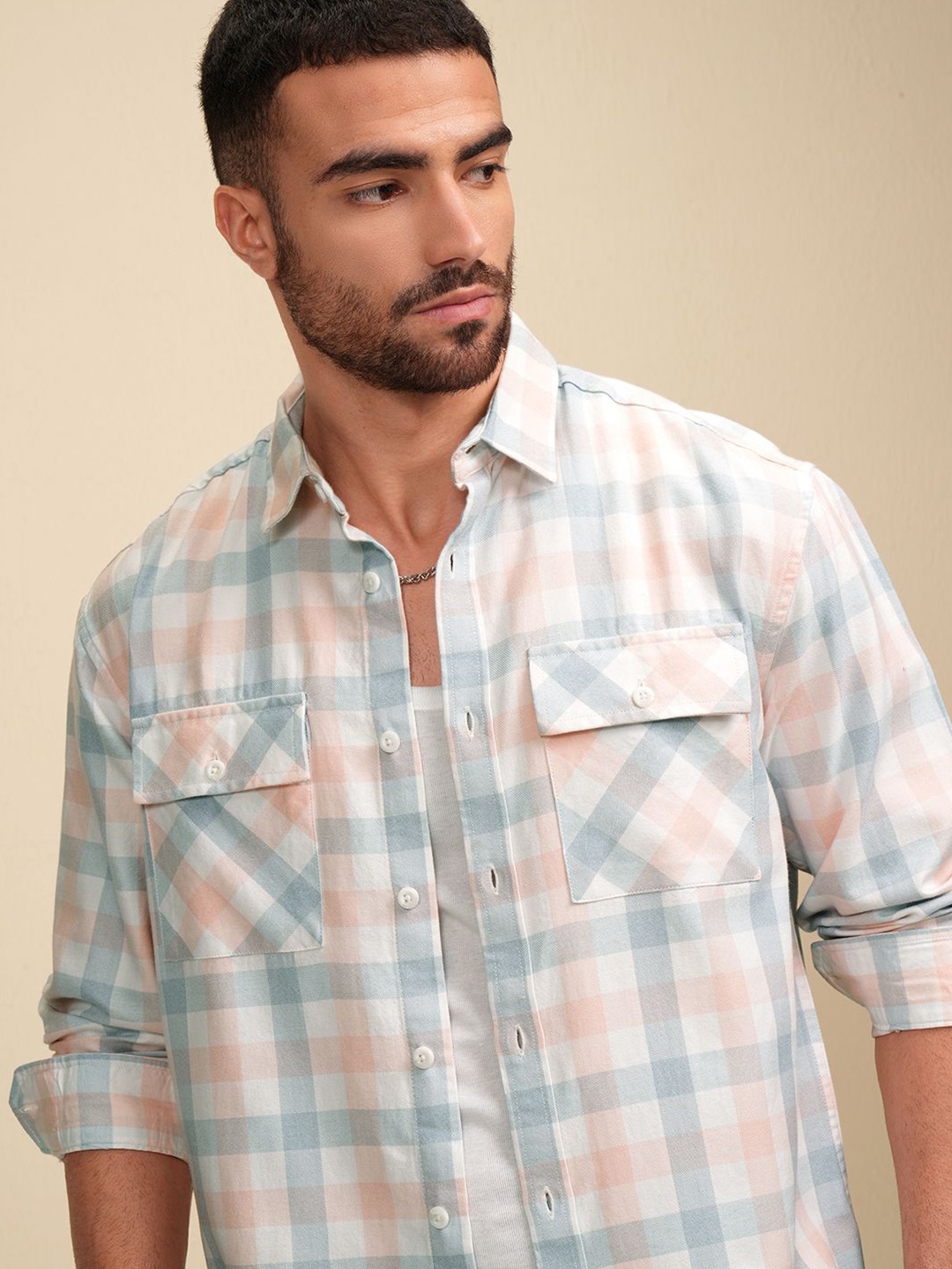 

LOCOMOTIVE Premium Men Coral Lt Checked Utility Pocket Relaxed Shirt