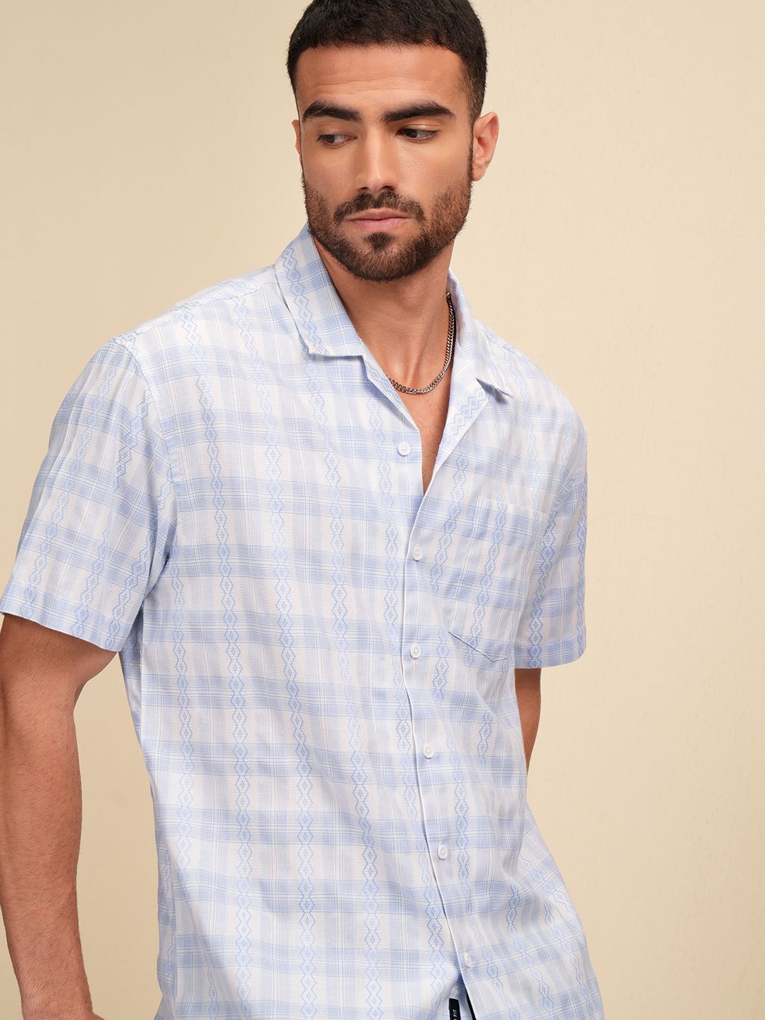 

LOCOMOTIVE Premium Men Dobby Textured Checked Cuban Collar Relaxed Shirt, Blue