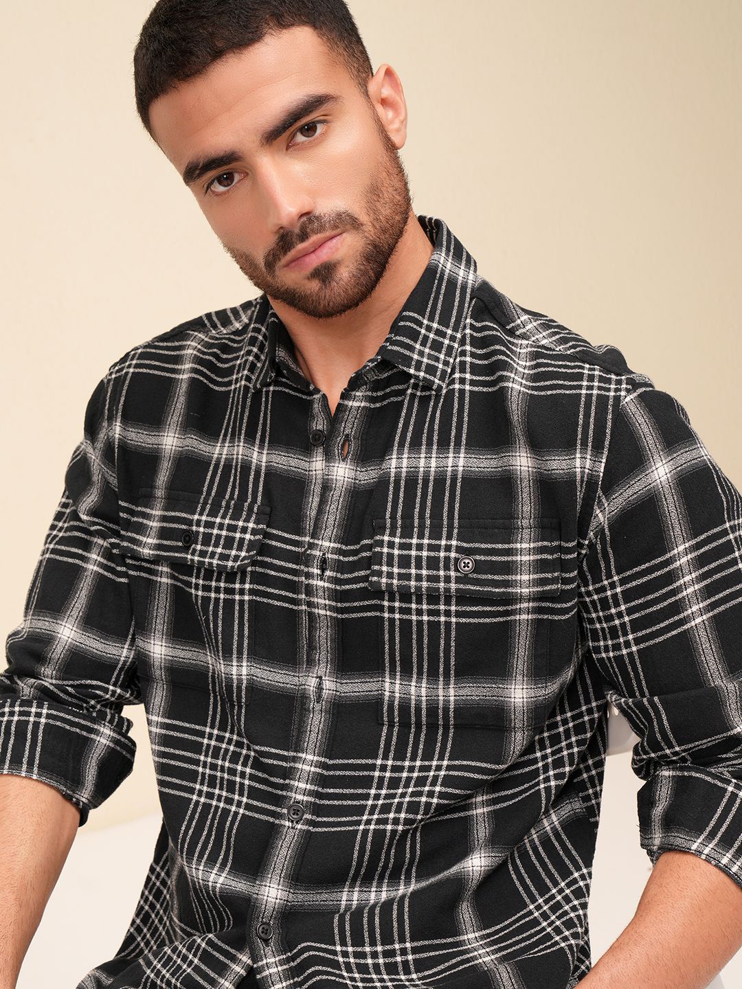 

LOCOMOTIVE Premium Men Dobby Textured Checked Utility Pocket Relaxed Shirt, Black