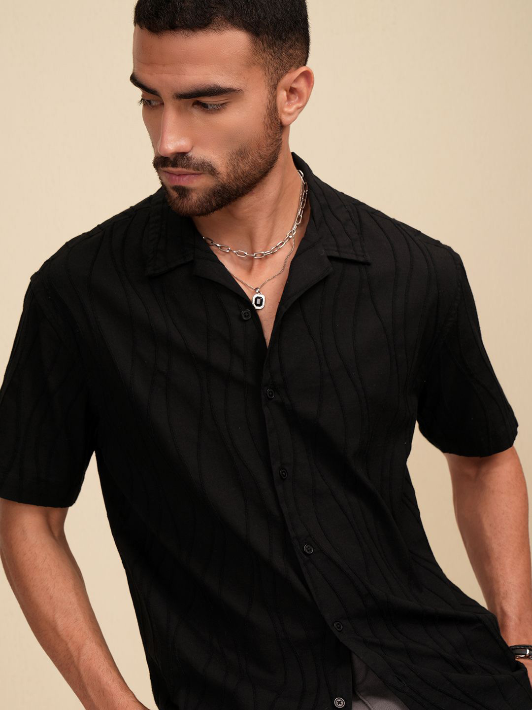 

LOCOMOTIVE Luxe Men Jacquard Cuban Collar Relaxed Shirt, Black