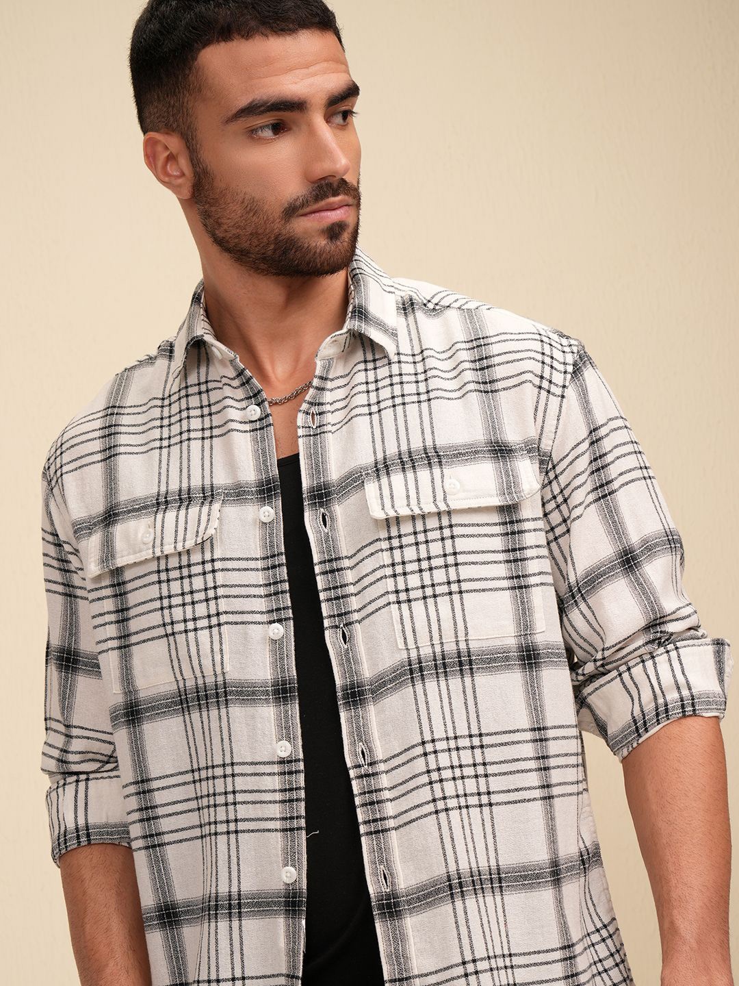 

LOCOMOTIVE Premium Men Off Dobby Textured Checked Utility Pocket Relaxed Shirt, Off white