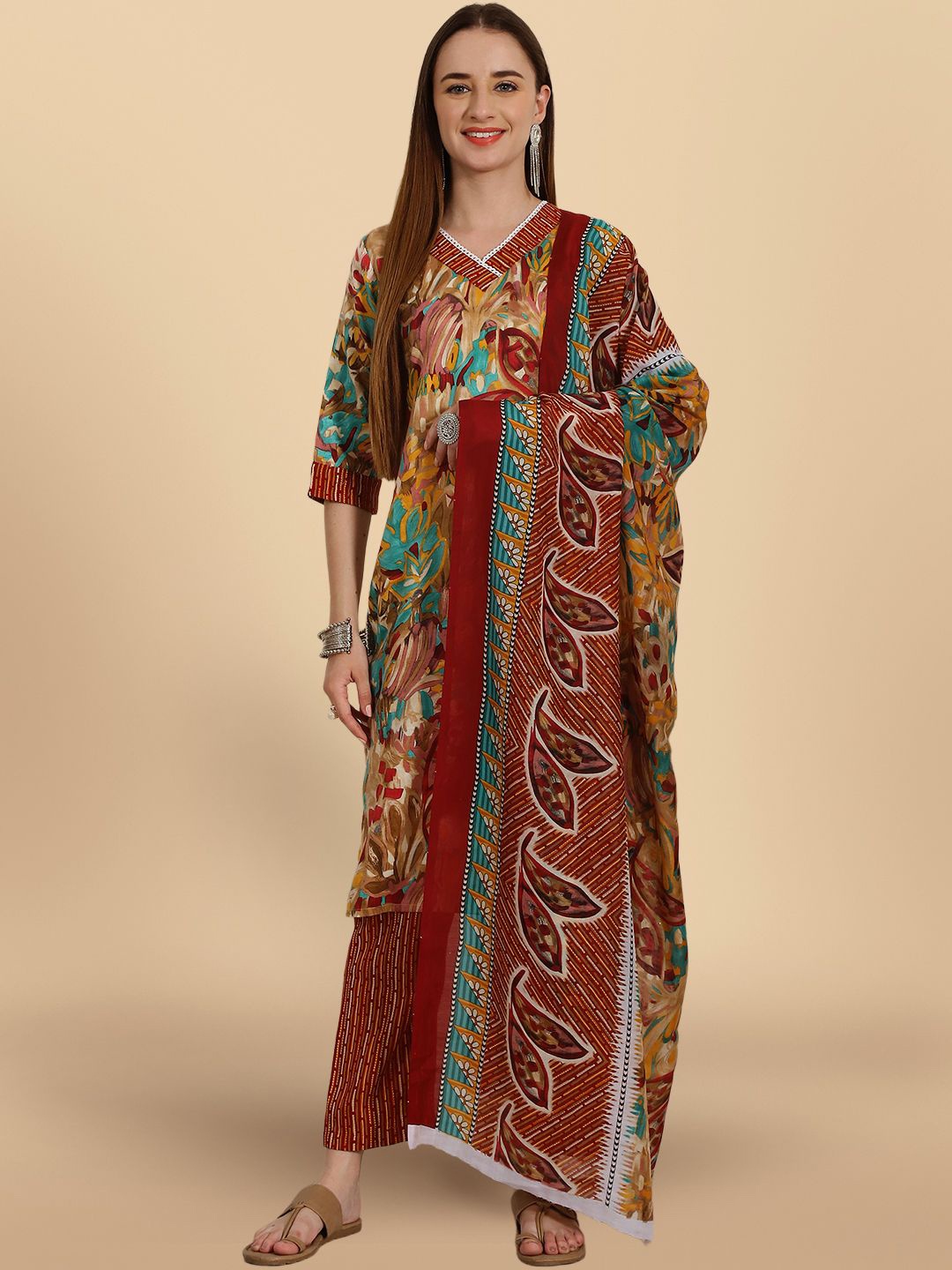 

7Threads Floral Printed Regular Pure Cotton Straight Kurta With Trousers & Dupatta, Mustard