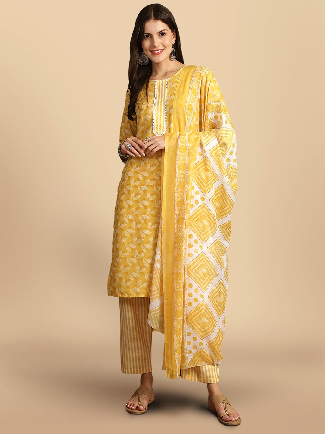 

7Threads Floral Printed Regular Pure Cotton Straight Kurta With Trousers & Dupatta, Yellow