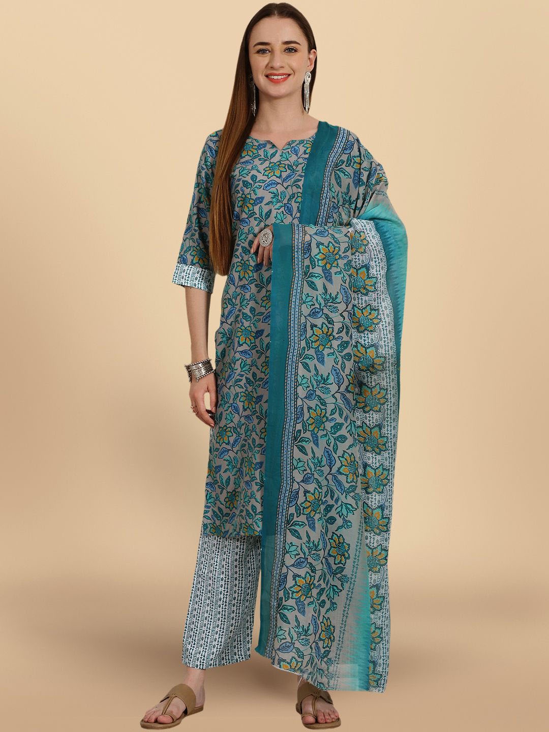 

7Threads Floral Printed Regular Pure Cotton Straight Kurta With Trousers & Dupatta, Grey melange