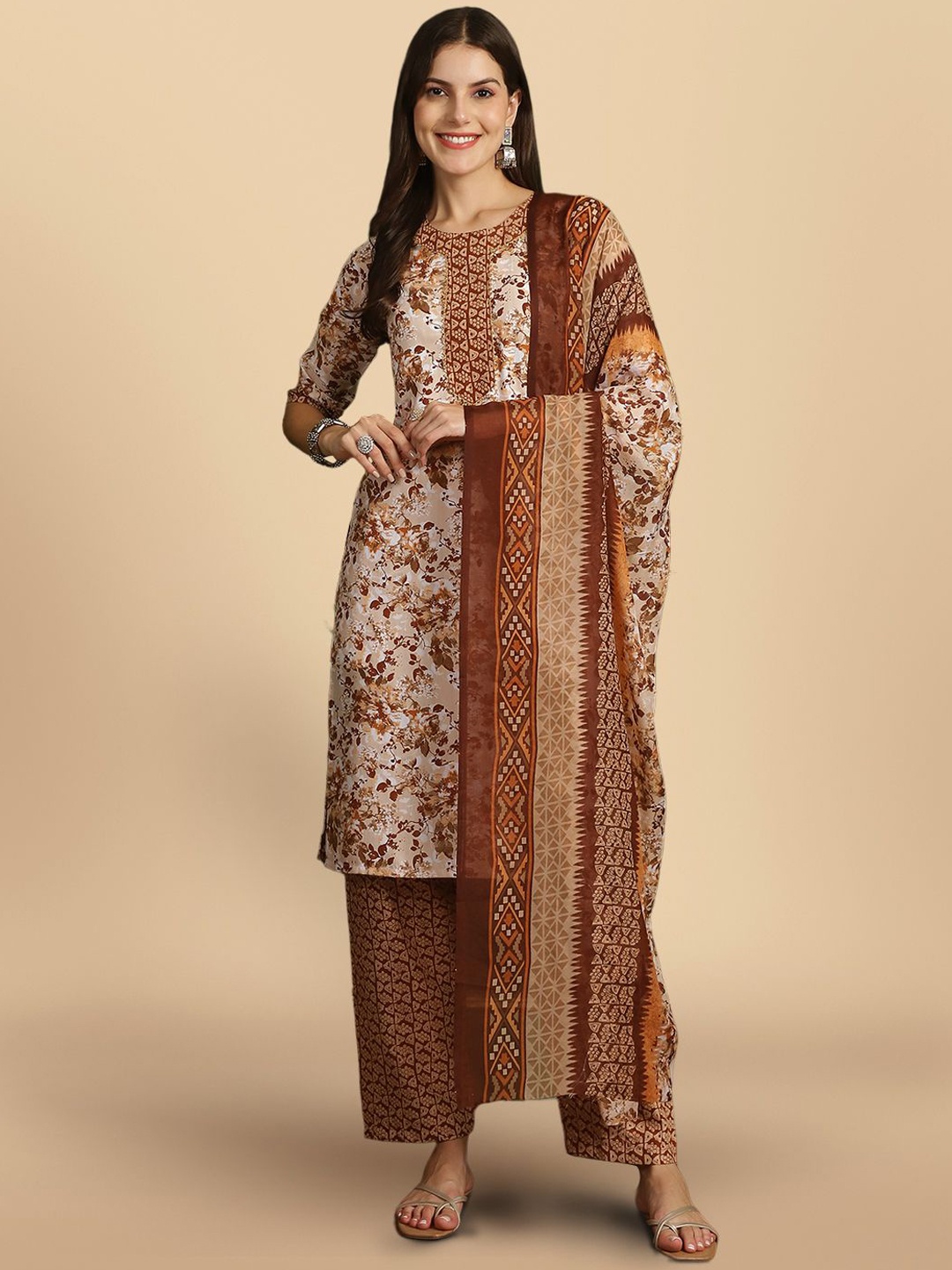 

7Threads Floral Printed Regular Pure Cotton Straight Kurta With Trousers & Dupatta, Beige