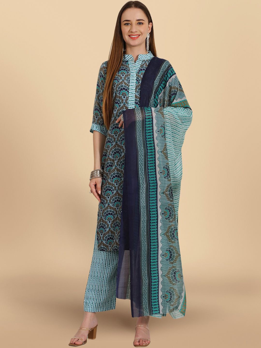 

7Threads Floral Printed Regular Pure Cotton Straight Kurta With Trousers & Dupatta, Teal