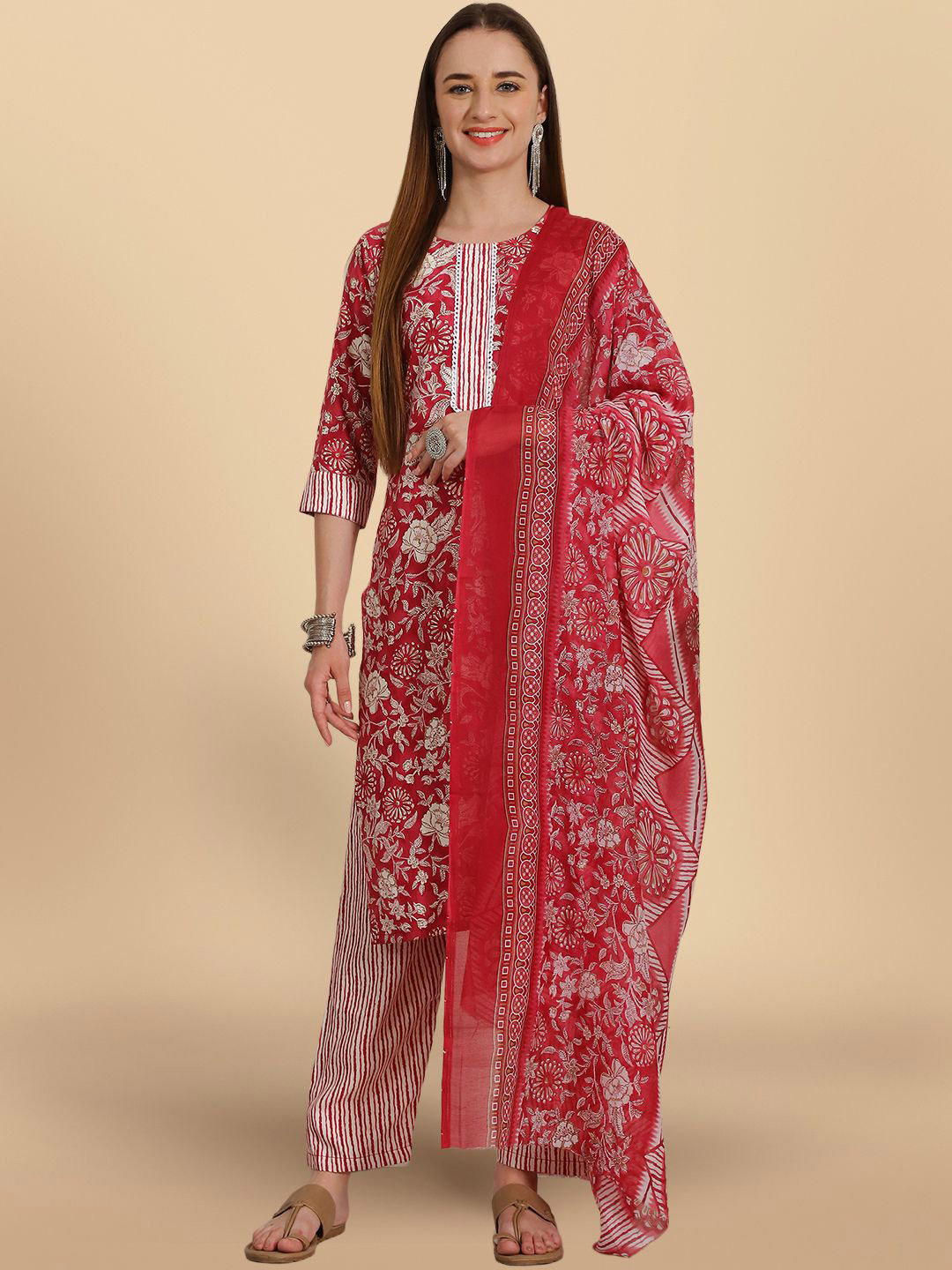 

7Threads Floral Printed Regular Pure Cotton Straight Kurta With Trousers & Dupatta, Pink