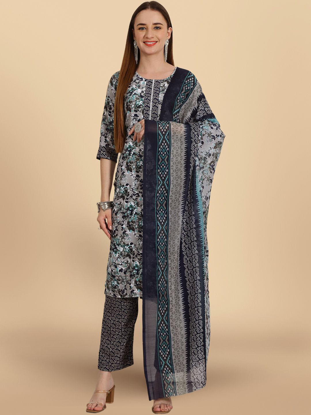 

7Threads Floral Printed Regular Pure Cotton Straight Kurta With Trousers & Dupatta, Navy blue