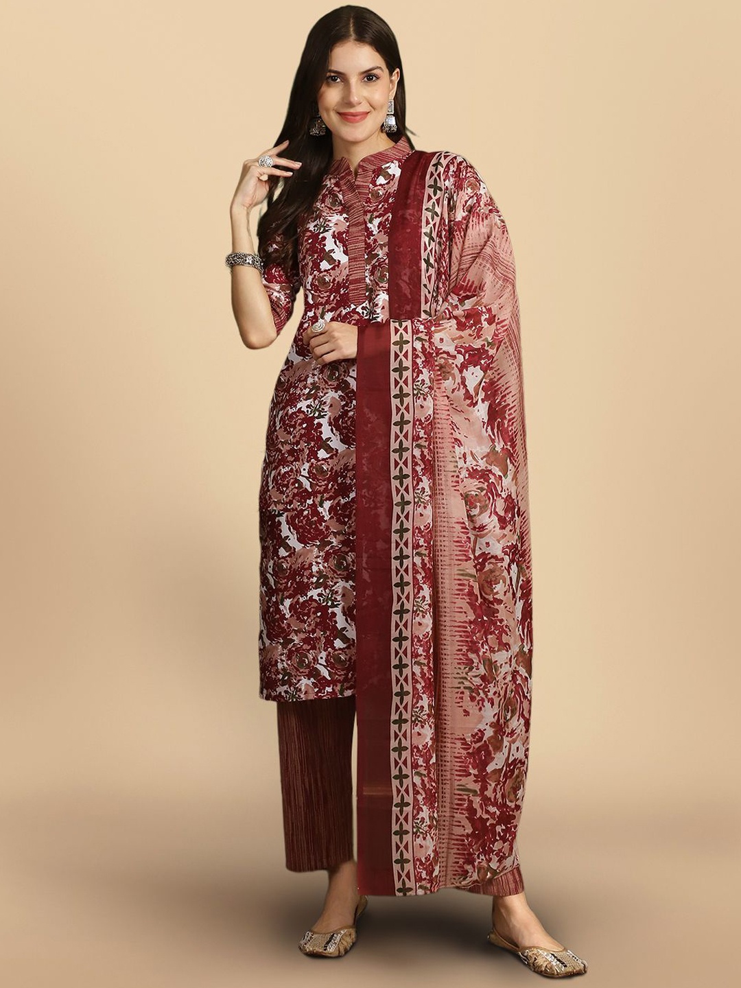 

7Threads Floral Printed Regular Pure Cotton Straight Kurta With Trousers & Dupatta, Maroon