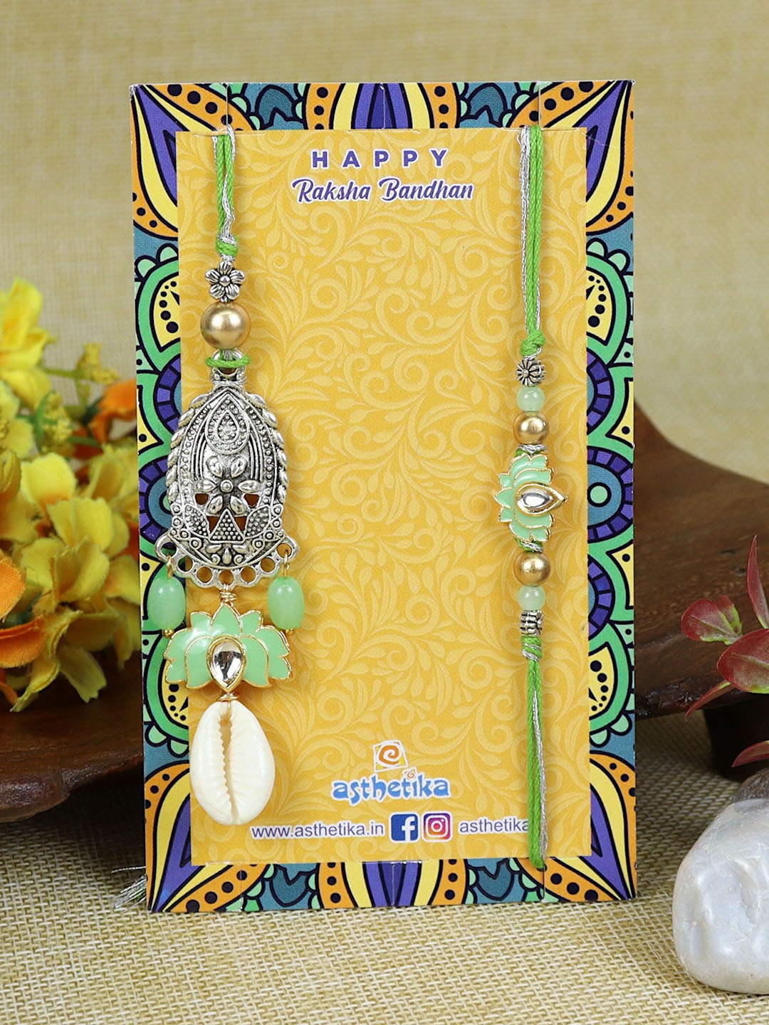 

Asthetika Beaded Bhaiya Bhabhi Thread Rakhis With Roli Chawal, Green