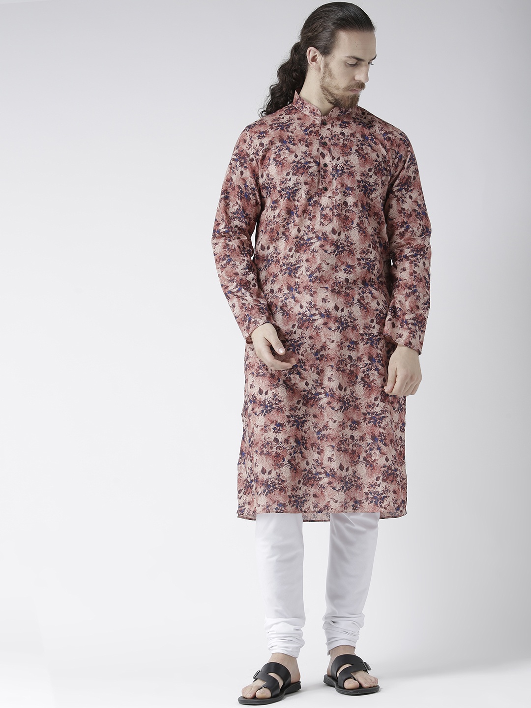 

DEYANN Men Peach-Coloured Printed Straight Kurta
