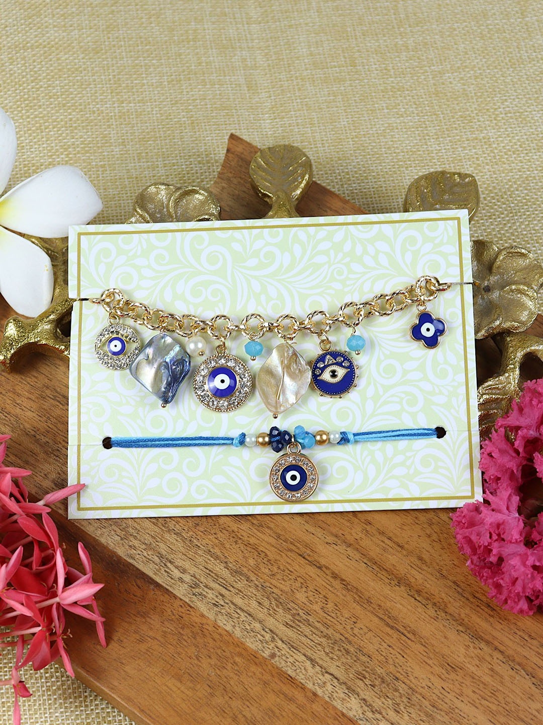 

Asthetika Evil Eye Beaded Pearl Beaded Bhaiya Bhabhi Thread Rakhi With Roli Chawal, Blue