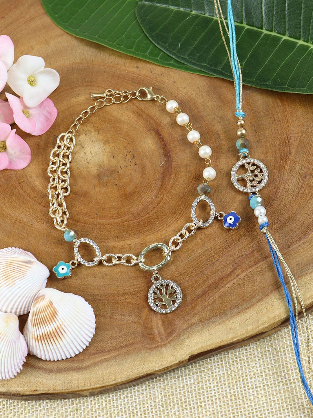 

Asthetika Evil Eye Beaded Bhaiya Bhabhi Bracelet & Rakhi With Roli Chawal, Gold