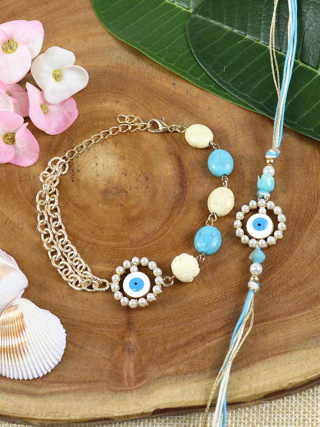 

Asthetika Evil Eye Beaded Bhaiya Bhabhi Bracelet & Rakhi With Roli Chawal, Blue