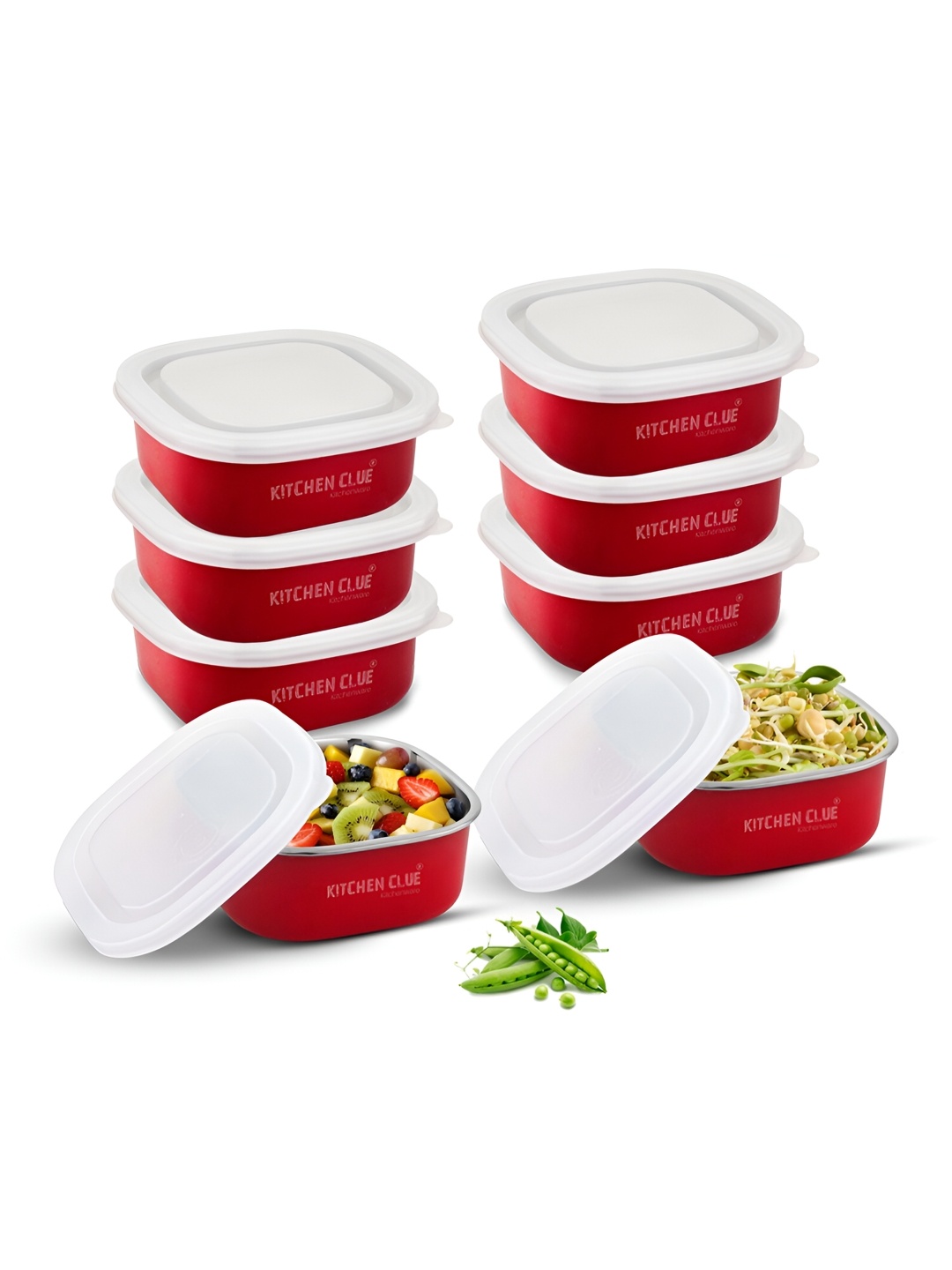 

KITCHEN CLUE Red & White 8 Pieces Stainless Steel Leak Proof Lunch Boxes 350ml Each