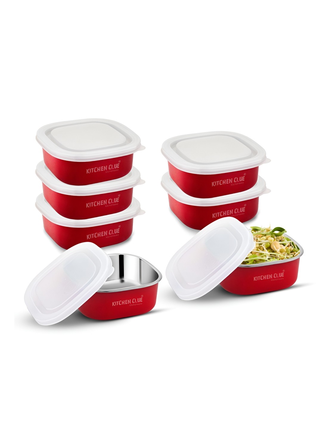 

KITCHEN CLUE Red & White 7 Pieces Stainless Steel Leak Proof Lunch Boxes 350ml Each