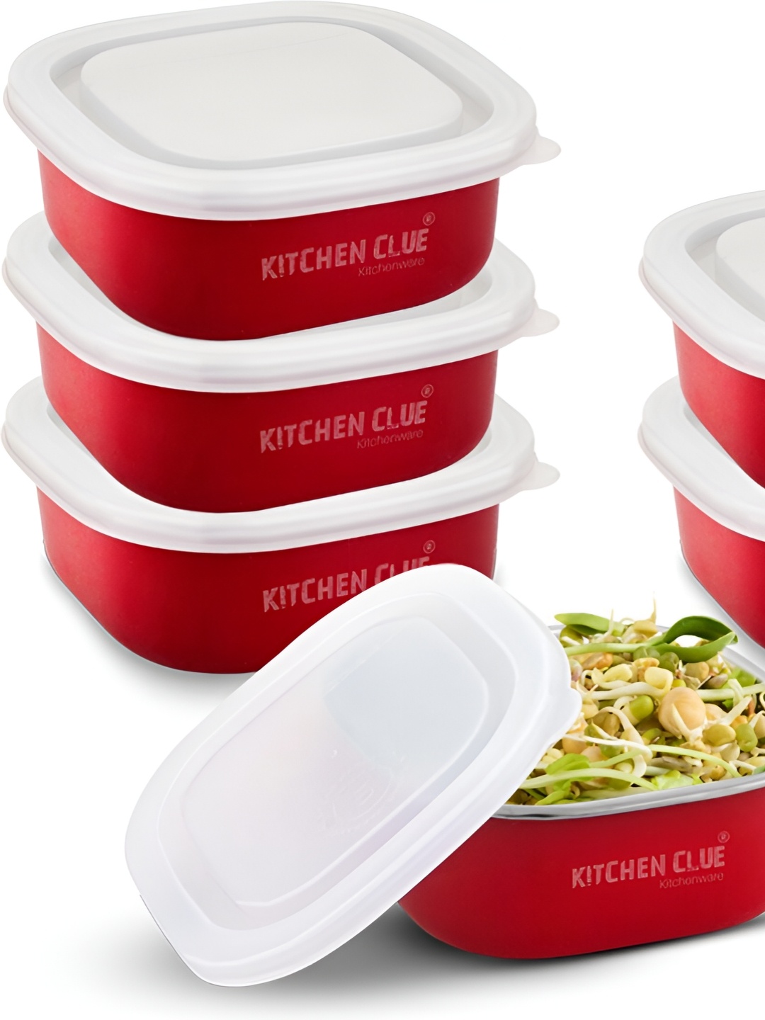 

KITCHEN CLUE Red & White 6 Pieces Stainless Steel Leak Proof Lunch Boxes 350ml Each