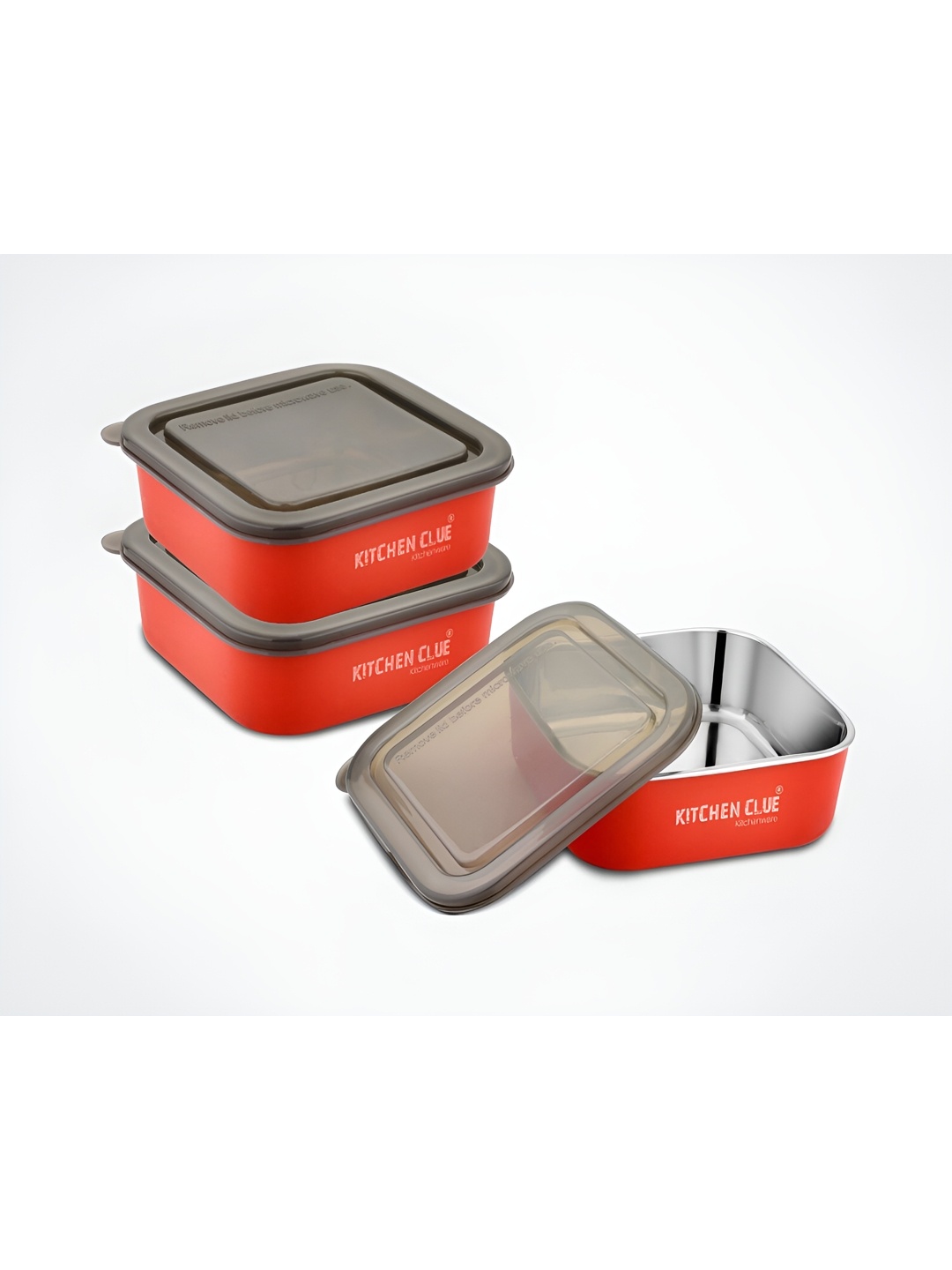 

KITCHEN CLUE Red & Grey 3 Pieces Stainless Steel Leak Proof Lunch Boxes 600 ml Each