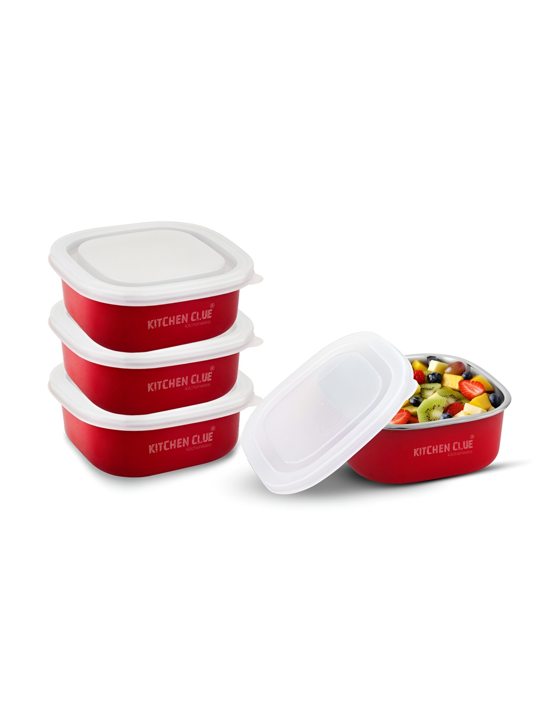 

KITCHEN CLUE Red & White 4 Pieces Stainless Steel Lunch Boxes 350 ml Each