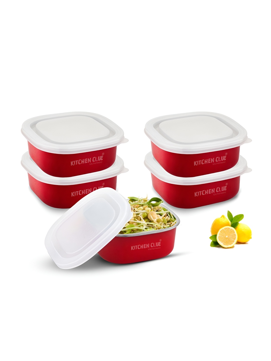 

KITCHEN CLUE Red & White 5 Pieces Stainless Steel Lunch Boxes 350ml Each