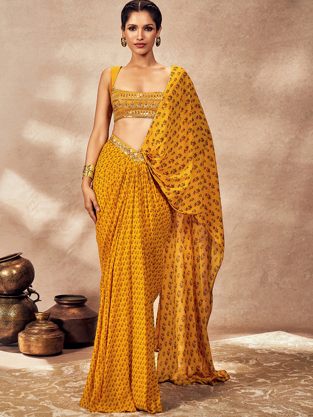 

Masaba Ethnic Motifs Sequinned Pure Georgette Ready to Wear Saree, Yellow