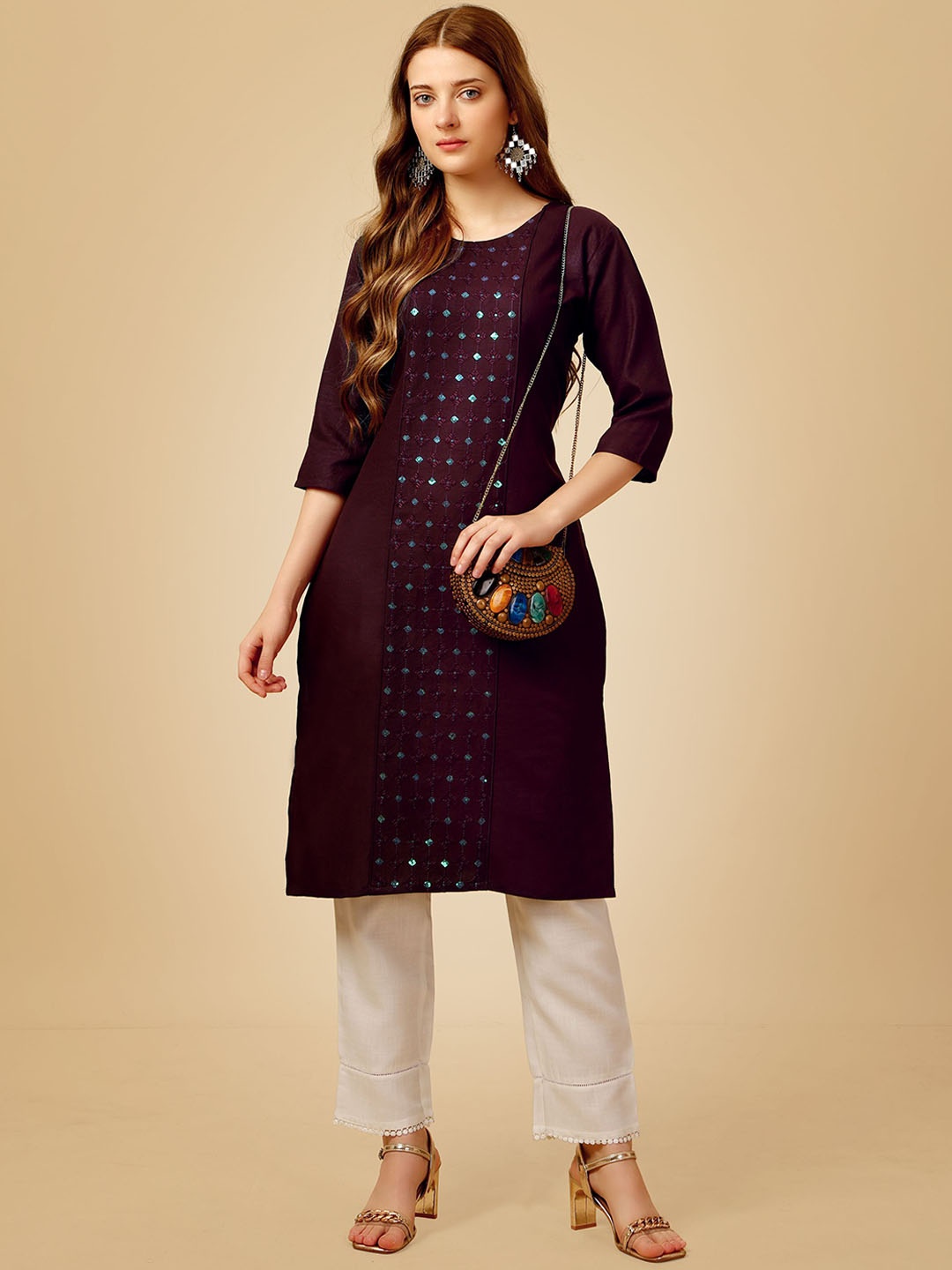 

Rujave Geometric Embroidered Sequinned Straight Kurta With Churidar, Purple