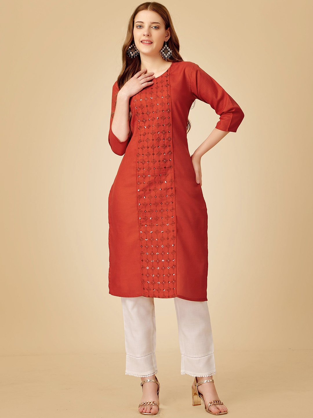 

Rujave Geometric Embroidered Sequinned Straight Kurta With Churidar, Rust