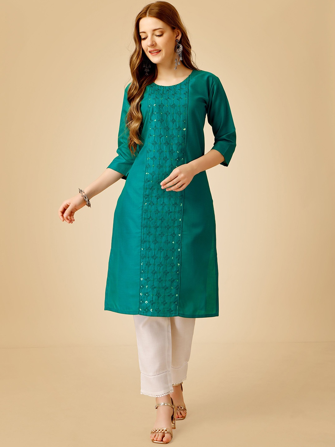 

Rujave Geometric Embroidered Sequinned Straight Kurta With Churidar, Lime green