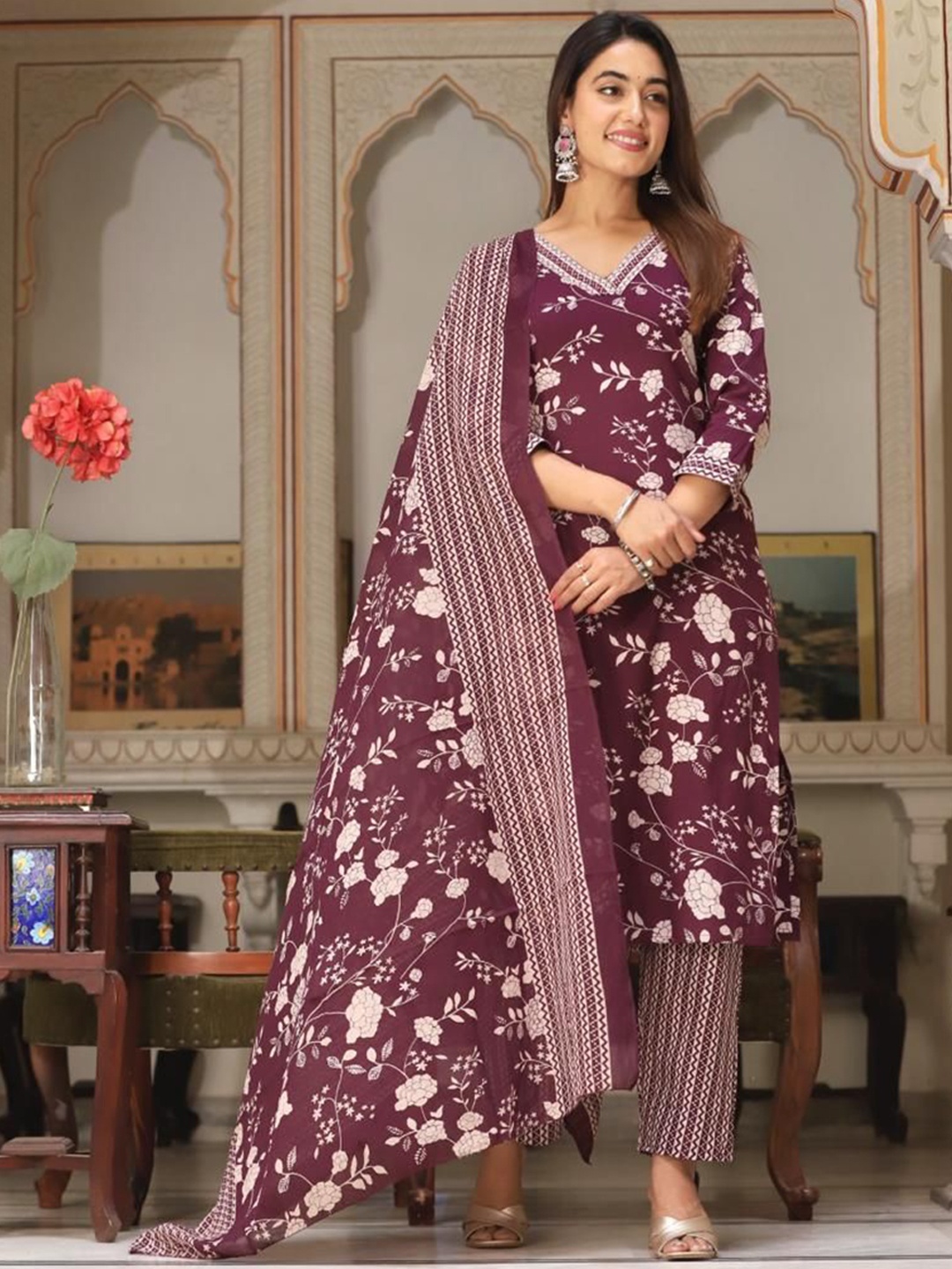 

KALINI Floral Printed V Neck Regular Straight Kurta With Palazzos & Dupatta, Maroon